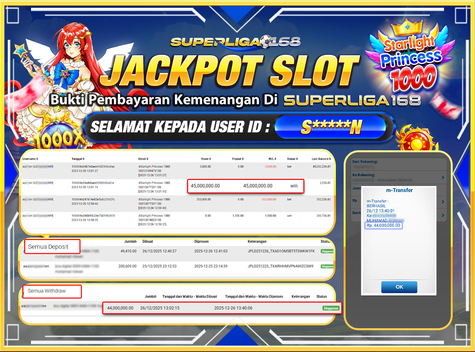 SUPERLIGA168 JACKPOT STARLIGHT PRINCESS 1000 Rp.44,000,000LUNASS
